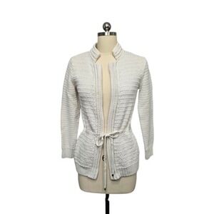 St. John Sweater Womens Petite Ivory Textured Knit Cardigan Tie Waist Open Front